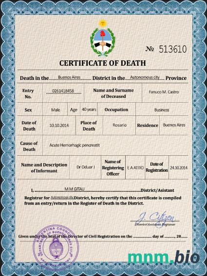 Argentina śmierć certyfikat PSD szablon